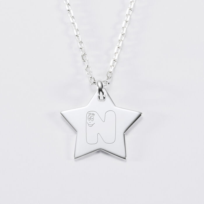 Pendentif enfant personnalisé médaille gravée argent dormeuse étoile 20x20 - HappyBulle x Barbapapa - alphabet N