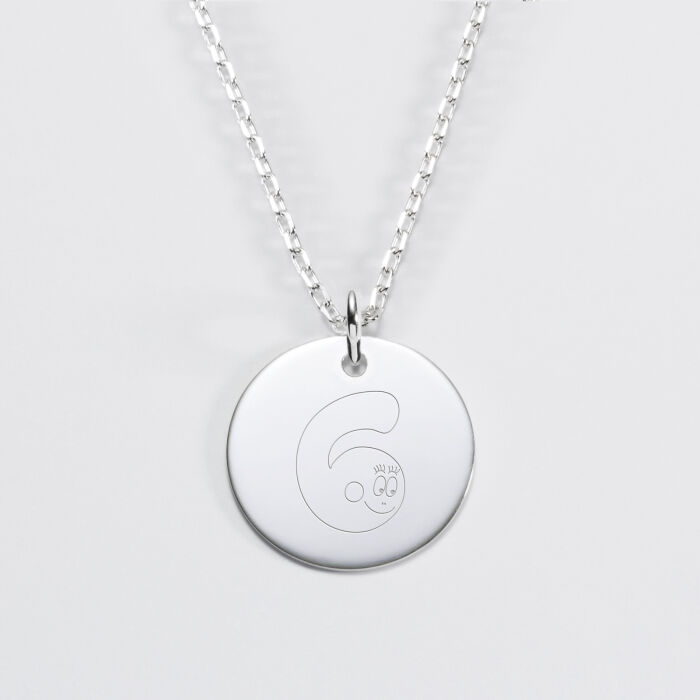 Pendentif personnalisé médaille gravée argent 19 mm - HappyBulle x Barbapapa - chiffre 6