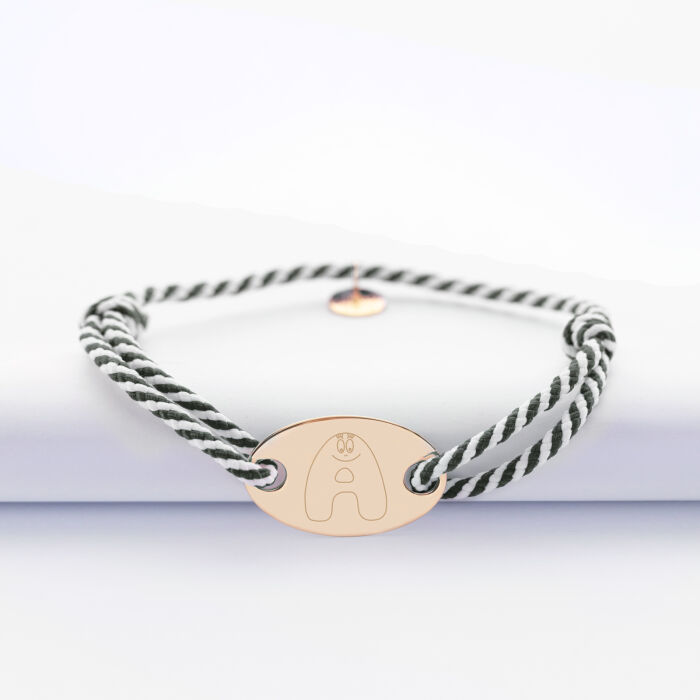 Bracelet homme personnalisé cordon marin tressé médaille gravée plaqué or ovale 25x16 mm - Happybulle x Barbapapa - alphabet A