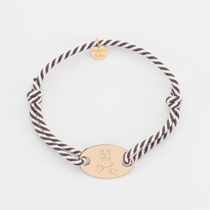 Bracelet homme personnalisé cordon marin tressé médaille gravée plaqué or ovale 25x16 mm - Happybulle x Barbapapa - bouille mains