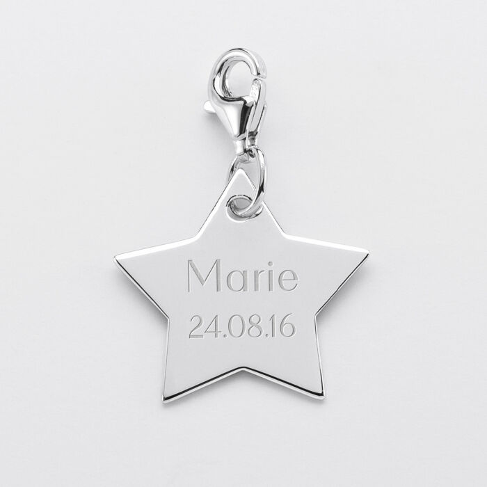 Engraved silver star charm 20x20mm - name and date