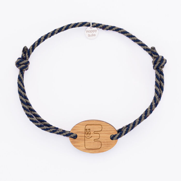 Bracelet homme cordon marin tressé médaille bois ovale 2 trous 25x17 mm - Happybulle x Barbapapa - alphabet E