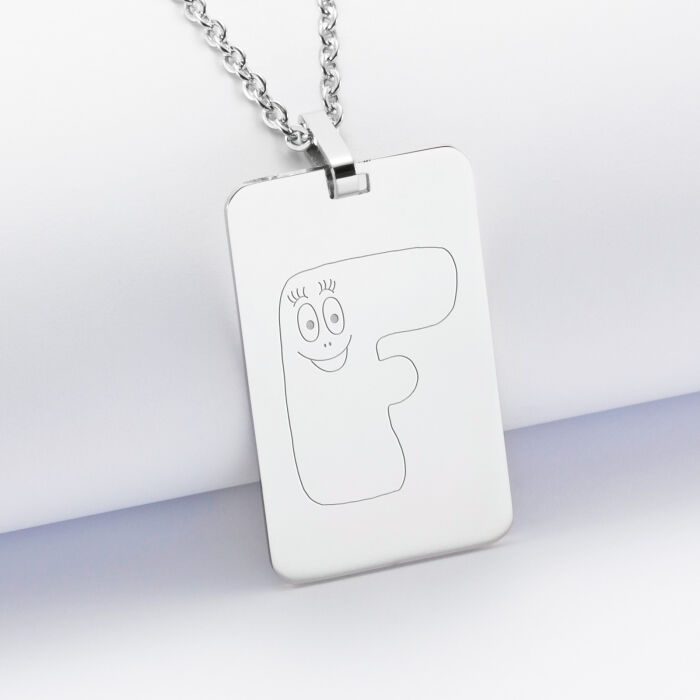 Pendentif homme personnalisé médaille gravée acier 20x32 mm - Happybulle x Barbapapa - alphabet F