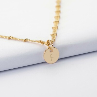 Collier chaîne double personnalisé médaille gravée plaqué or 10 mm - initiale F