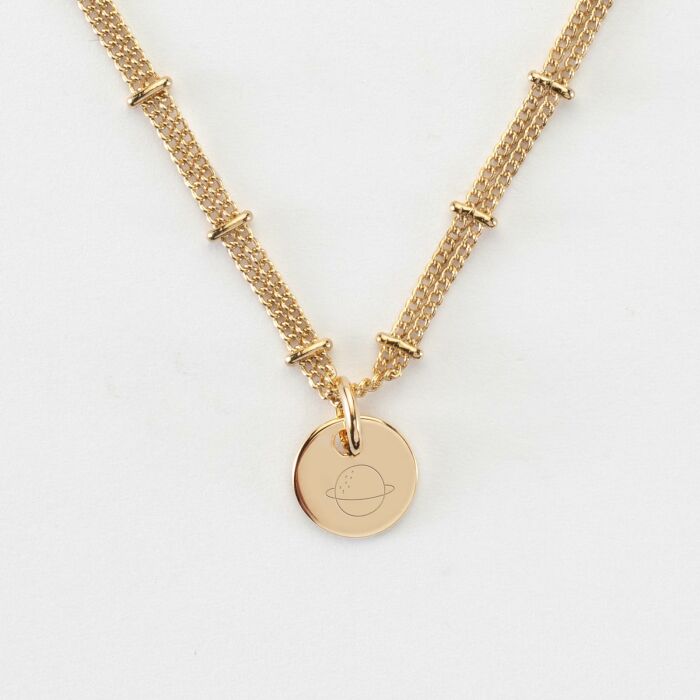 Collier chaîne double personnalisé médaille gravée plaqué or 10 mm - picto saturne