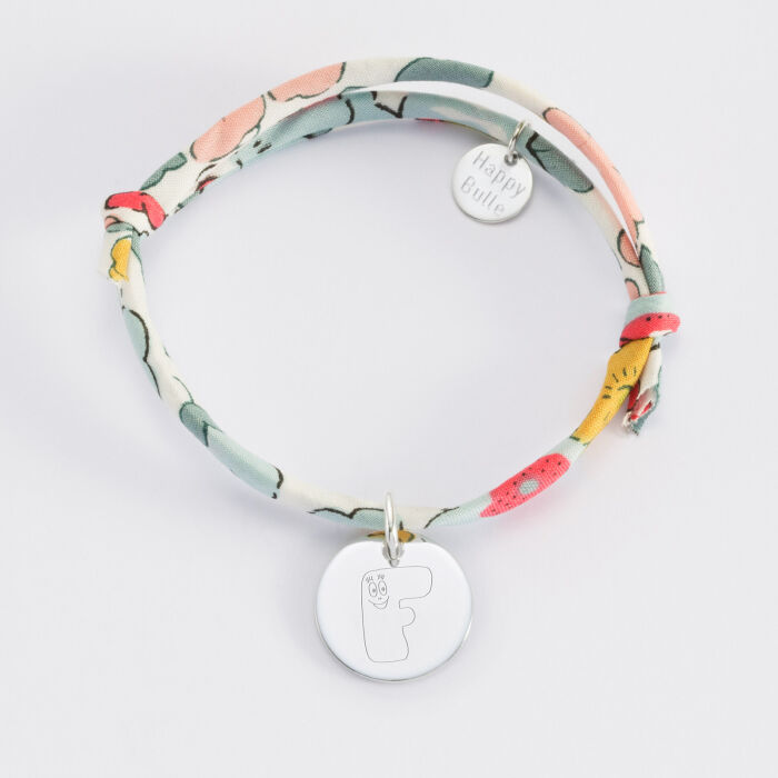 Bracelet enfant Liberty personnalisé médaille gravée argent 15 mm - Happybulle x Barbapapa - alphabet F