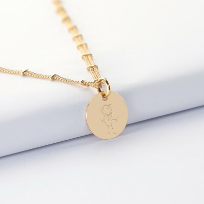 Collier chaîne double personnalisé médaille gravée plaqué or 15 mm - dessin