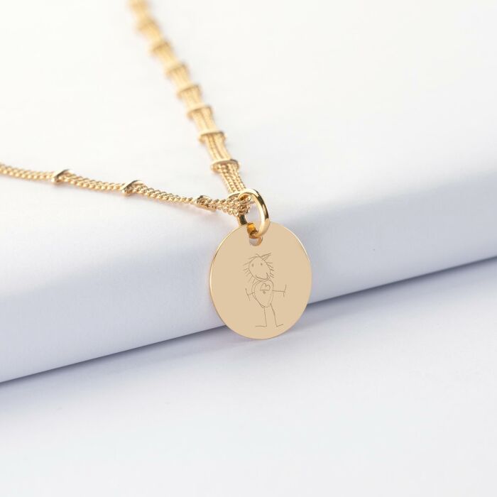 Collier chaîne double personnalisé médaille gravée plaqué or 15 mm - dessin