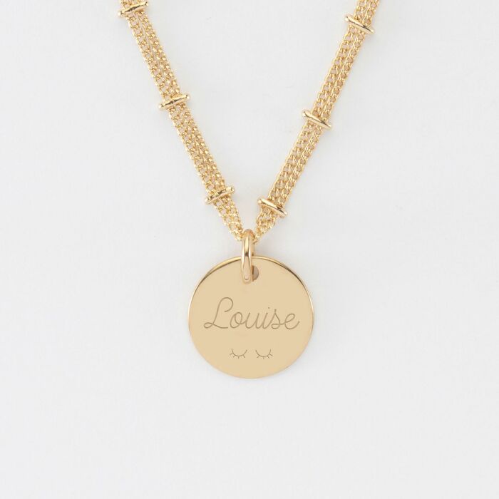 Collier chaîne double personnalisé médaille gravée plaqué or 15 mm - Louise