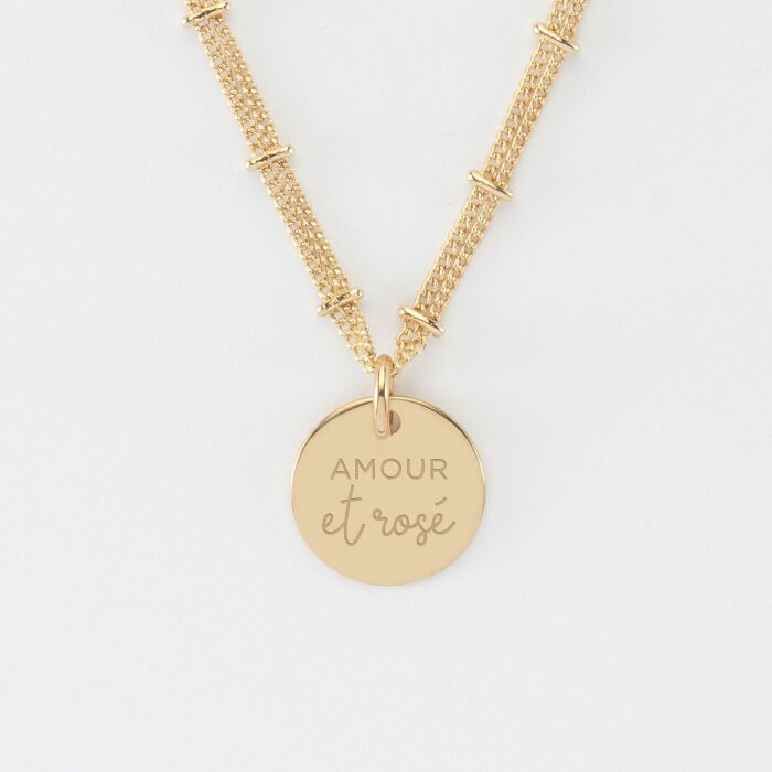 Collier chaîne double personnalisé médaille gravée plaqué or 15 mm - illustration