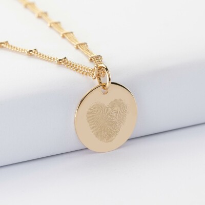 Collier chaîne double personnalisé médaille gravée plaqué or 19 mm - empreintes digitales