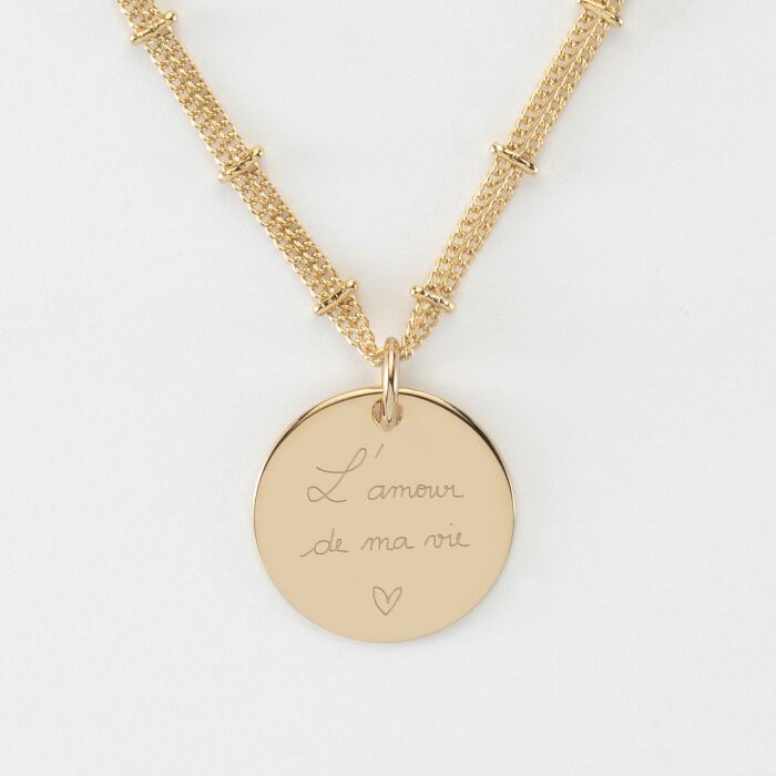 Collier chaîne double personnalisé médaille gravée plaqué or 19 mm - écrits