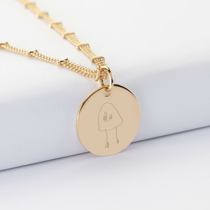 Collier chaîne double personnalisé médaille gravée plaqué or 19 mm - dessin