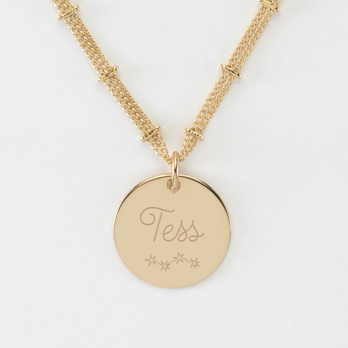 Collier chaîne double personnalisé médaille gravée plaqué or 19 mm - Tess