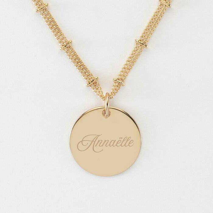 Collier chaîne double personnalisé médaille gravée plaqué or 19 mm - Annaëlle