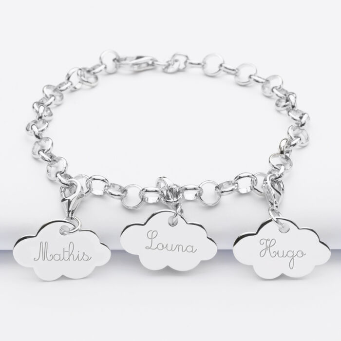 Personalised bracelet with 3 engraved silver cloud medallions 20x14mm - names