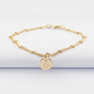 Bracelet chaîne double personnalisé médaille gravée plaqué or 10 mm - initiale D
