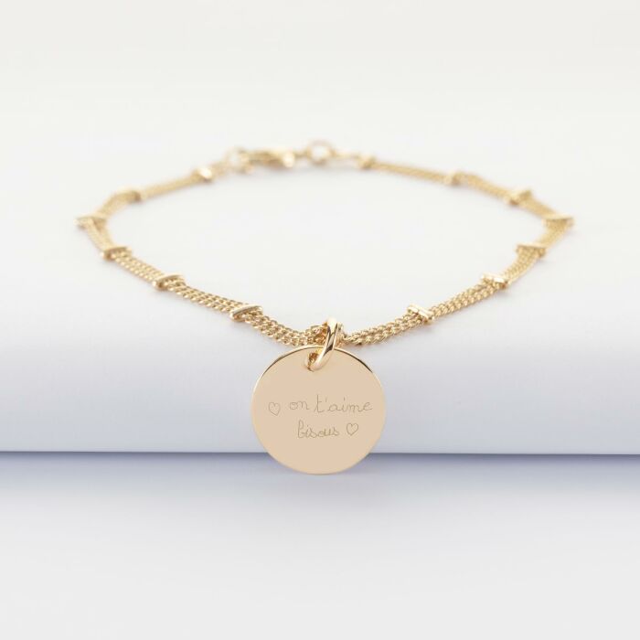 Bracelet chaîne double personnalisé médaille gravée plaqué or 15 mm - écrit