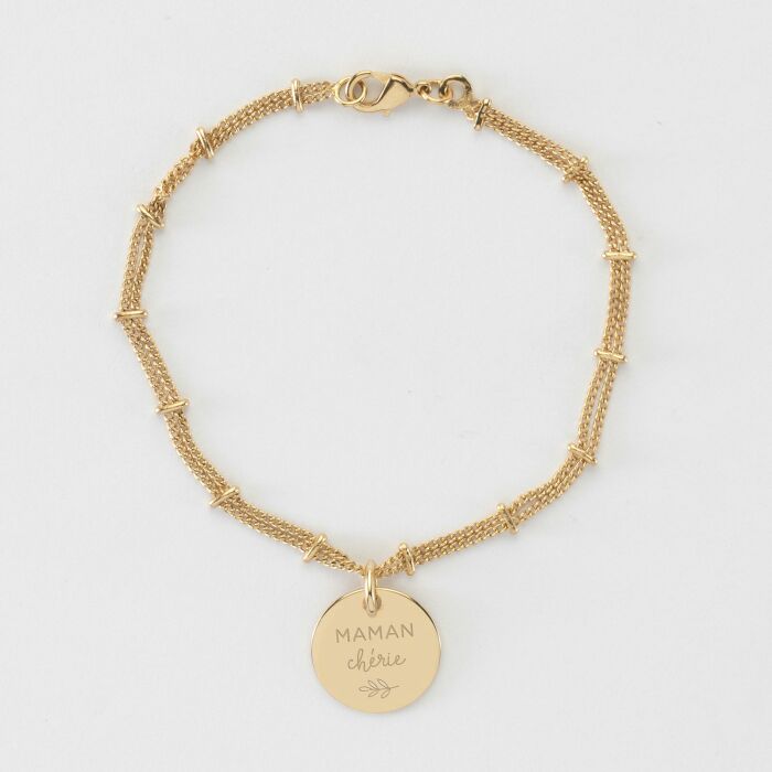 Bracelet chaîne double personnalisé médaille gravée plaqué or 15 mm - illustration