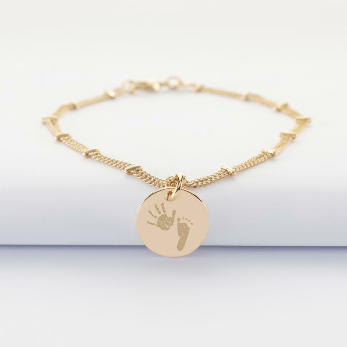 Bracelet chaîne double personnalisé médaille gravée plaqué or 15 mm