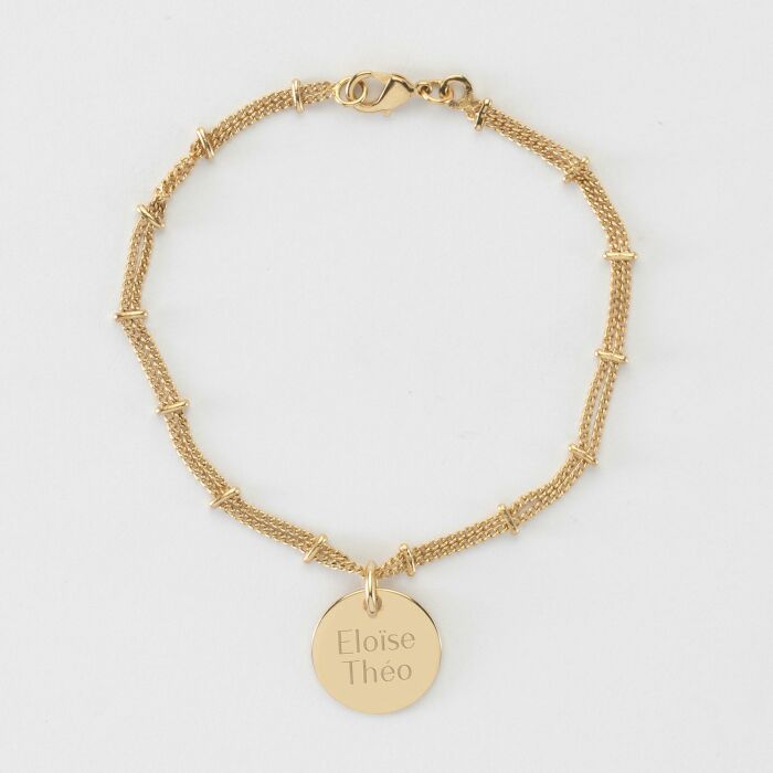 Bracelet chaîne double personnalisé médaille gravée plaqué or 15 mm - prénoms