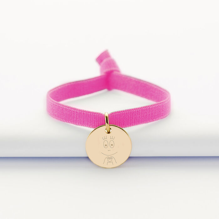 Bracelet enfant cordon élastique personnalisé médaille plaqué or 15 mm - Happybulle x Barbapapa  - bouille mains