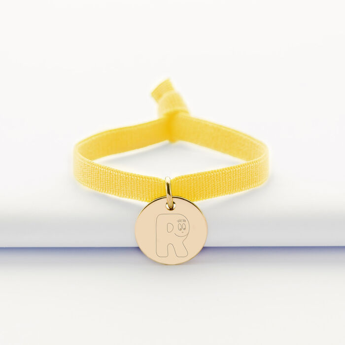 Bracelet enfant cordon élastique personnalisé médaille plaqué or 15 mm - Happybulle x Barbapapa - alphabet R