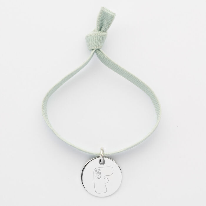 Bracelet enfant personnalisé cordon élastique médaille gravée argent 15 mm - Happybulle x Barbapapa - alphabet F