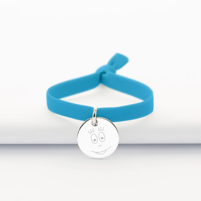 Bracelet enfant personnalisé cordon élastique médaille gravée argent 15 mm - Happybulle x Barbapapa - bouille 1
