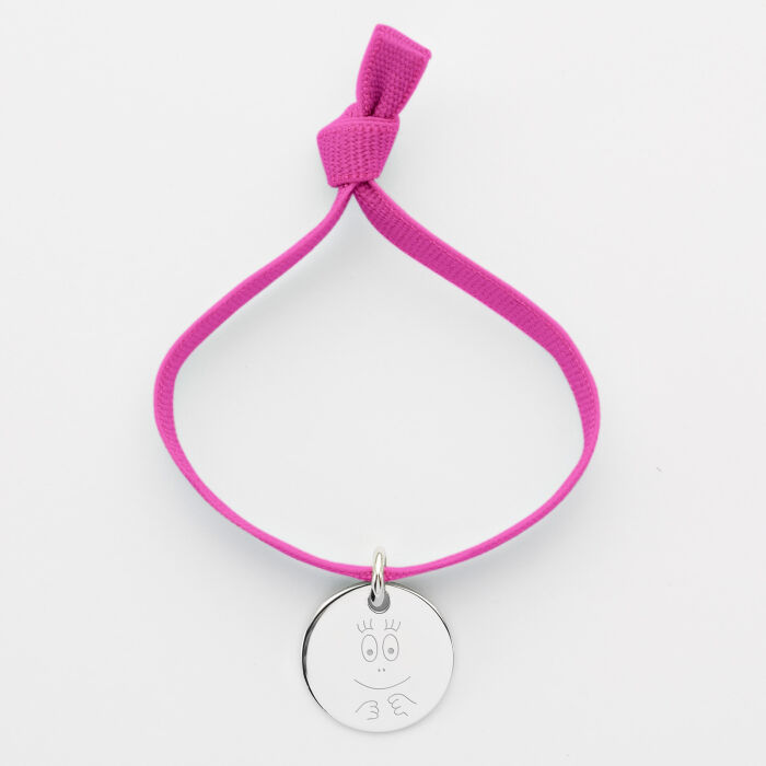 Bracelet enfant personnalisé cordon élastique médaille gravée argent 15 mm - Happybulle x Barbapapa - bouille mains
