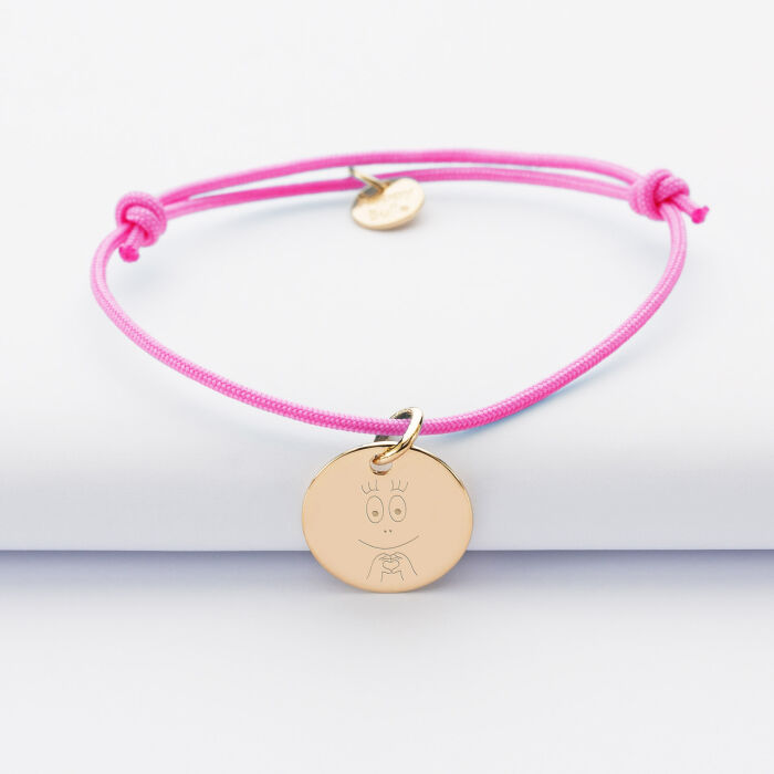 Bracelet personnalisé médaille gravée plaqué or dormeuse 15 mm - Happybulle x Barbapapa - bouille mains