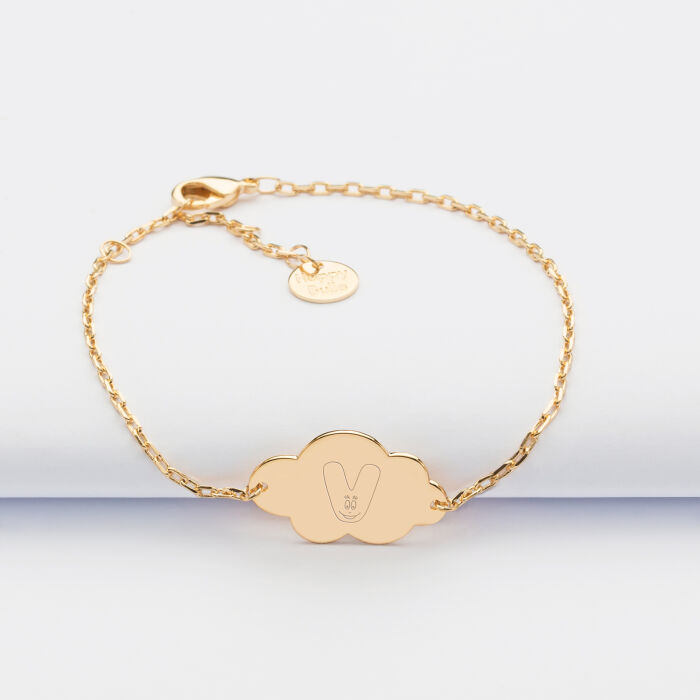 Bracelet chaîne enfant personnalisé médaille gravée plaqué or nuage 2 trous 20x14 mm - Happybulle x Barbapapa - alphabet V