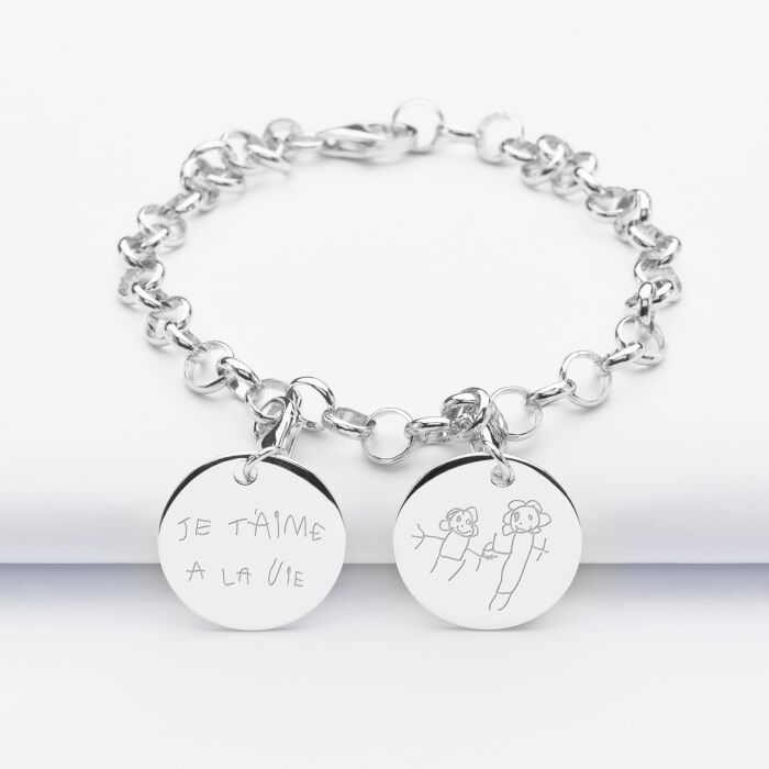 Personalised silver 17mm engraved bracelet with 2 charms - sketches