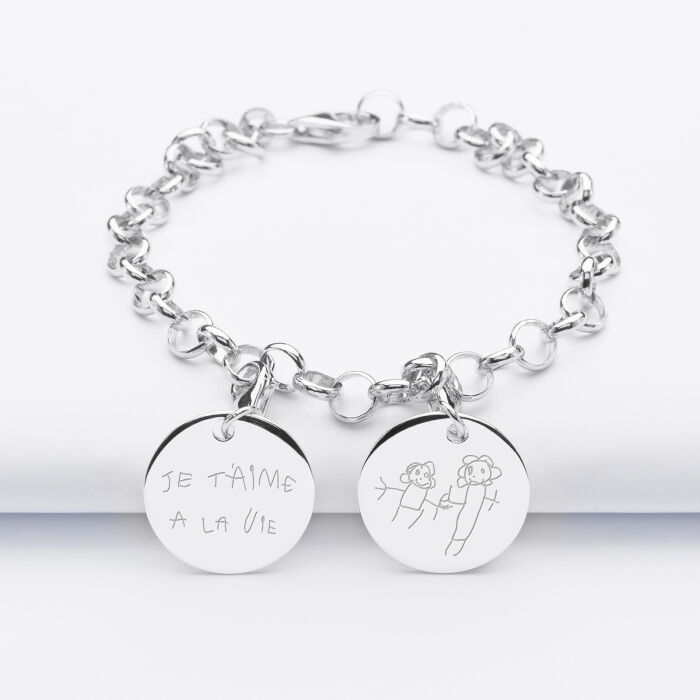 Bracelet personnalisé 2 charms gravés argent 17mm - dessins