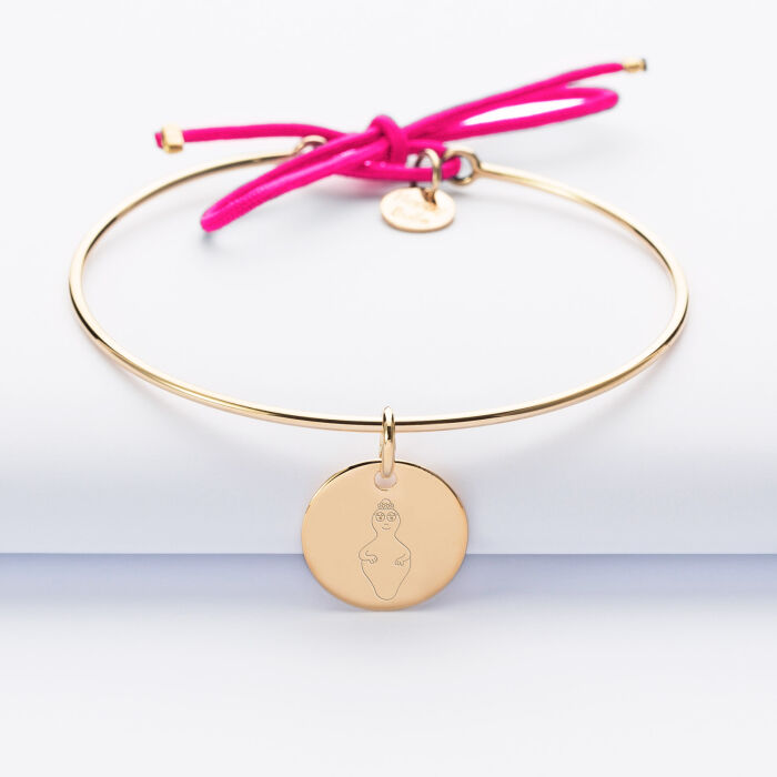 Bracelet personnalisé jonc plaqué or et cordon médaille gravée 15 mm - HappyBulle x Barbapapa - illustration 2