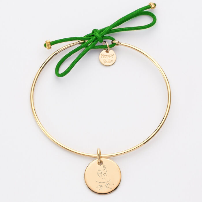Bracelet personnalisé jonc plaqué or et cordon médaille gravée 15 mm - HappyBulle x Barbapapa - bouille mains