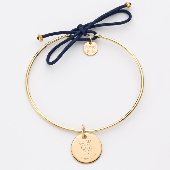 Bracelet personnalisé jonc plaqué or et cordon médaille gravée 15 mm - HappyBulle x Barbapapa - bouille