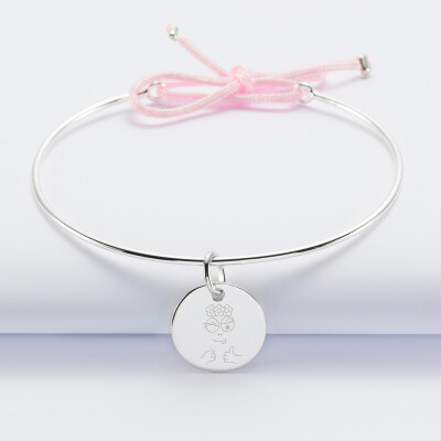 Bracelet personnalisé jonc argent et cordon médaille gravée 15 mm - HappyBulle x Barbapapa - bouille mains