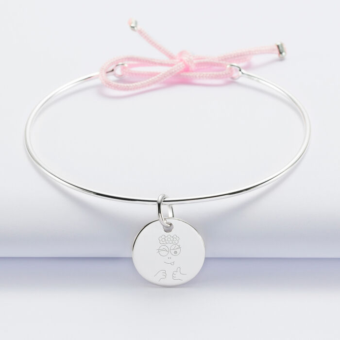 Bracelet personnalisé jonc argent et cordon médaille gravée 15 mm - HappyBulle x Barbapapa - bouille mains
