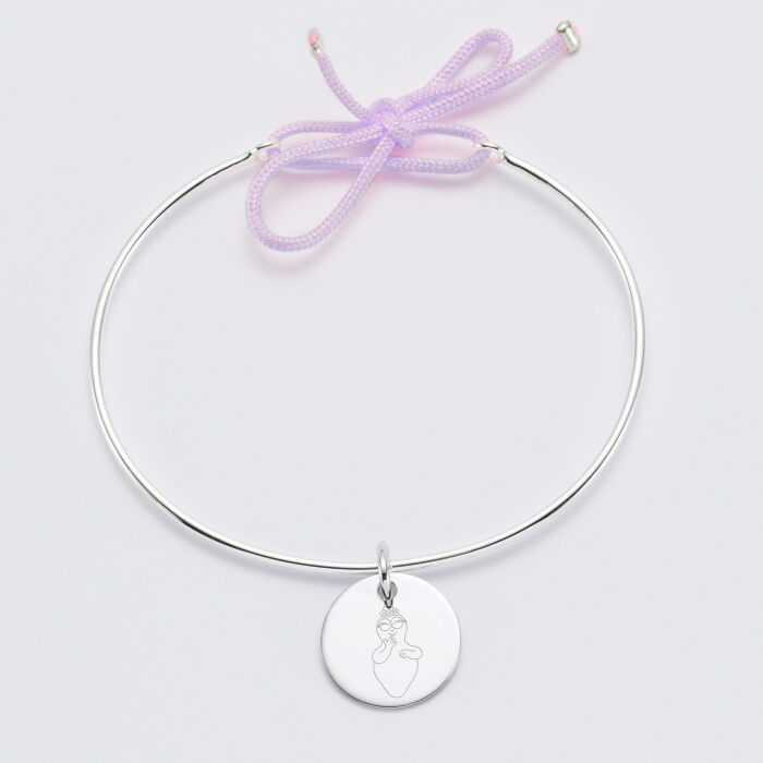 Bracelet personnalisé jonc argent et cordon médaille gravée 15 mm - HappyBulle x Barbapapa - personnage