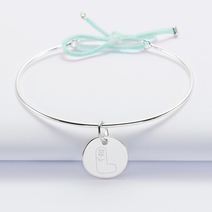 Bracelet personnalisé jonc argent et cordon médaille gravée 15 mm - HappyBulle x Barbapapa - alphabet L