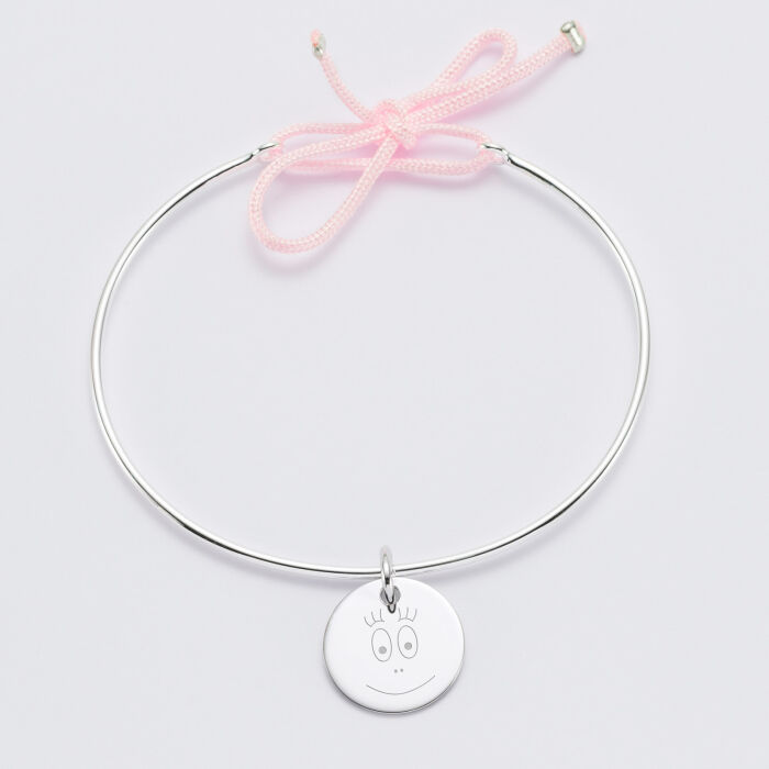 Bracelet personnalisé jonc argent et cordon médaille gravée 15 mm - HappyBulle x Barbapapa - bouille