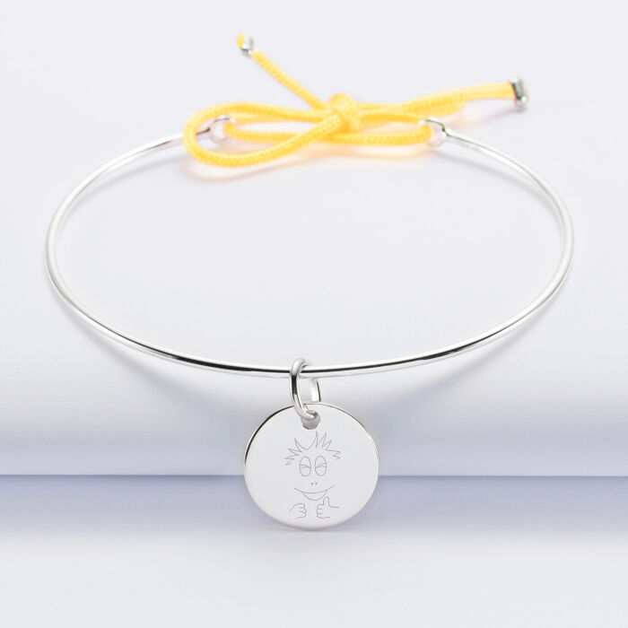 Bracelet personnalisé jonc argent et cordon médaille gravée 15 mm - HappyBulle x Barbapapa - bouille mains 2