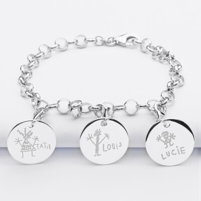 Bracelet personnalisé 3 charms gravés argent 17mm - dessins