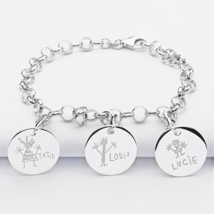 Personalised silver 17mm engraved bracelet with 3 charms - sketches