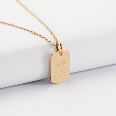 Pendentif enfant personnalisé médaille gravée plaqué or rectangle 17x11 mm - Happybulle x Barbapapa - bouille mains