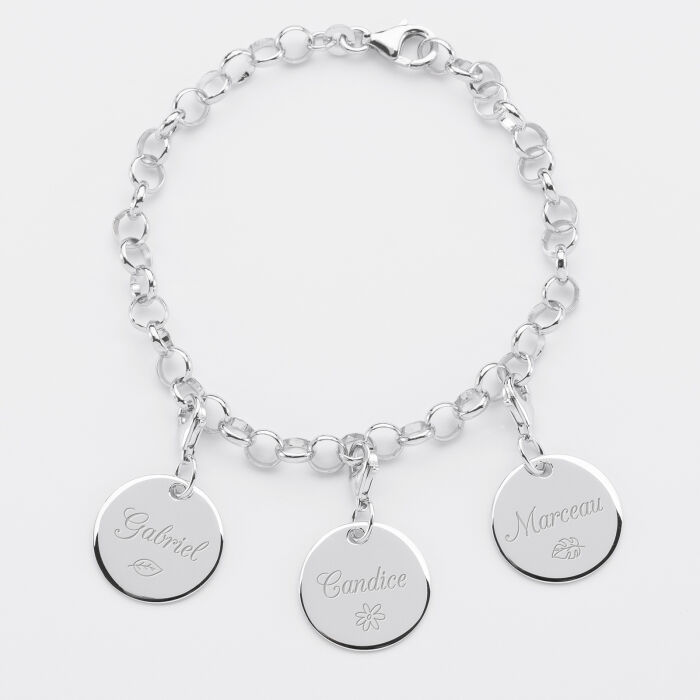 Bracelet personnalisé 3 charms gravés argent 17mm - prénoms