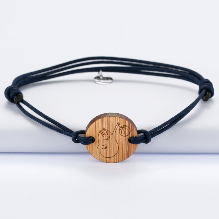 Bracelet homme personnalisé cordon double médaille gravée bois ronde 2 trous 21 mm - HappyBulle x Barbapapa - activité basket