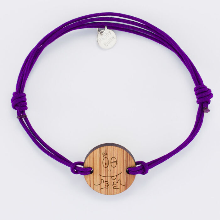 Bracelet homme personnalisé cordon double médaille gravée bois ronde 2 trous 21 mm - HappyBulle x Barbapapa - bouille mains