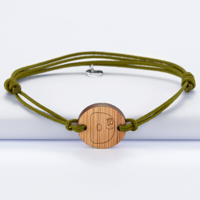 Bracelet homme personnalisé cordon double médaille gravée bois ronde 2 trous 21 mm - HappyBulle x Barbapapa - alphabet D